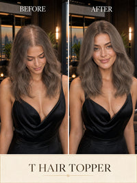 Dark blonde hair topper styled smooth on a model in a black dress