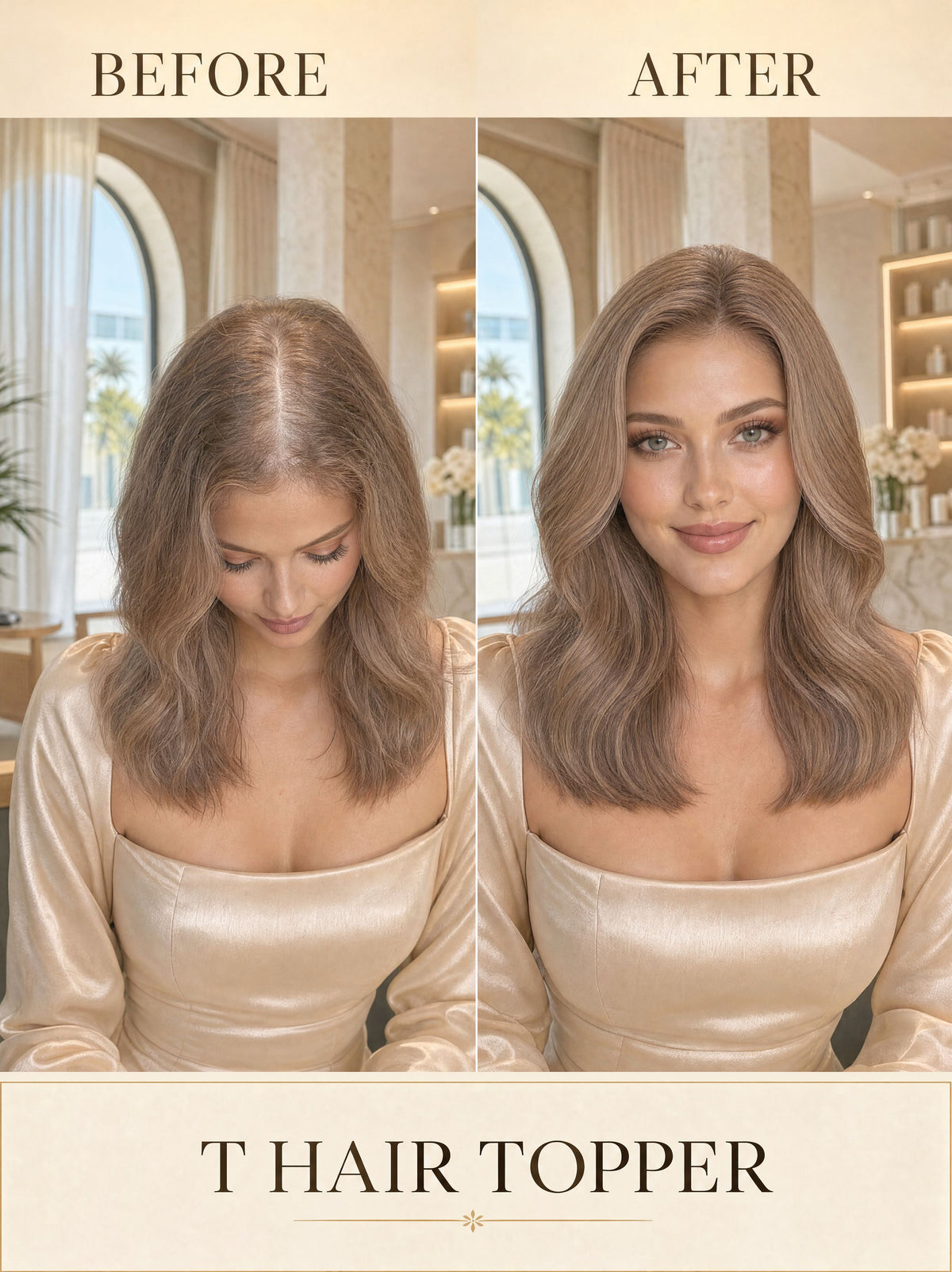 Hair topper before-and-after: voluminous shoulder-length wavy medium-brown hair.