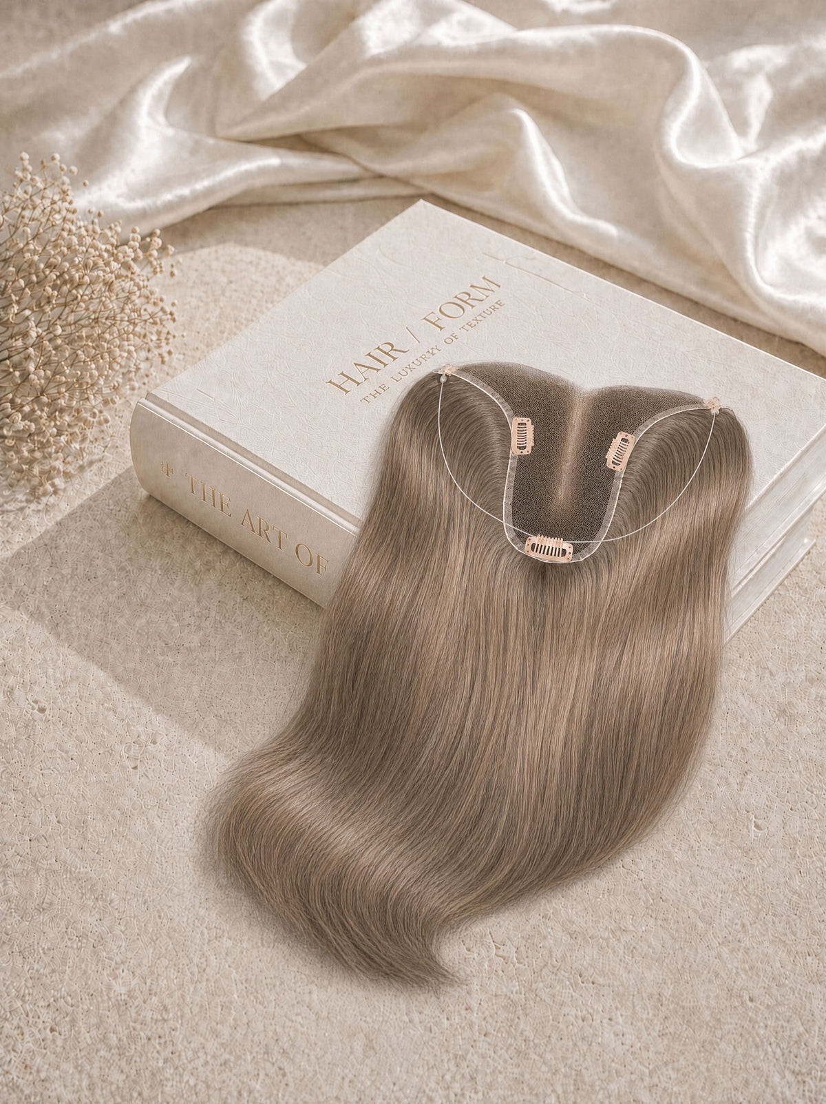 T Hair Topper hair extension with halo wire clips, long dark brown hair on box.