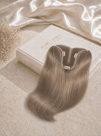T Hair Topper hair extension with halo wire clips, long dark brown hair on box.