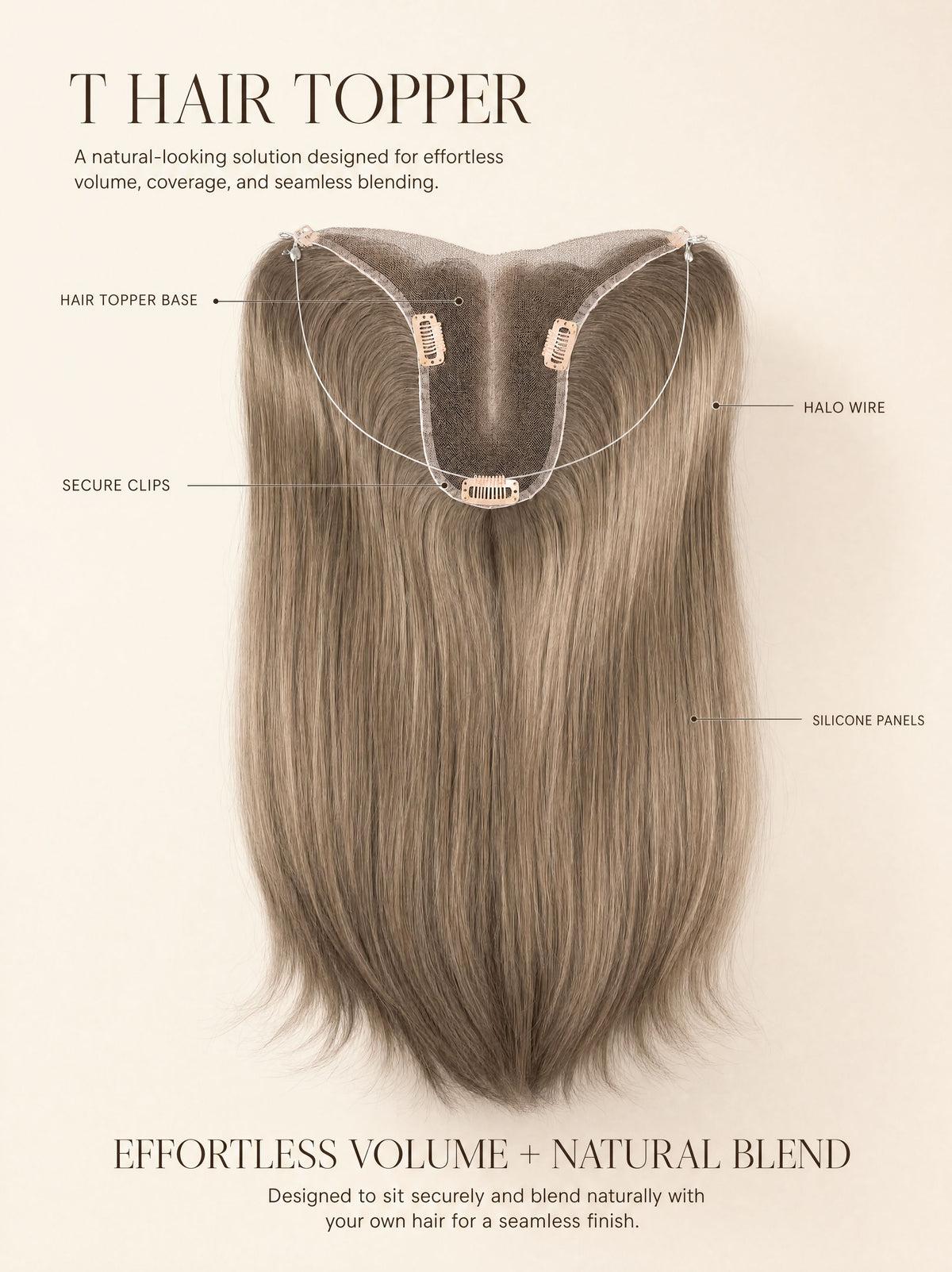 T Hair Topper with halo wire and clips, long straight dark brown hair extension.