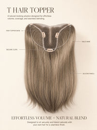 T Hair Topper with halo wire and clips, long straight dark brown hair extension.