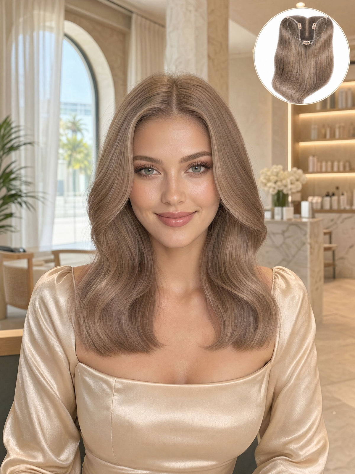 Worn T Hair Topper on model: long wavy medium-brown hair with natural volume.