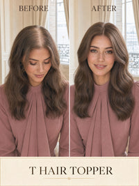 Hair topper on model with medium-brown wavy hair for a fuller natural blend.
