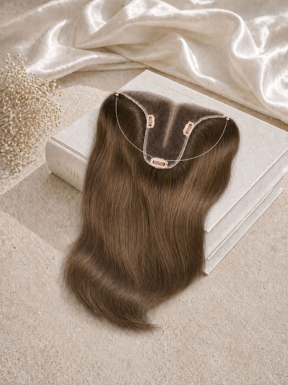T Hair Topper with halo wire and clips, long dark brown hair topper extension.