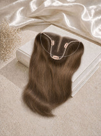 T Hair Topper with halo wire and clips, long dark brown hair topper extension.
