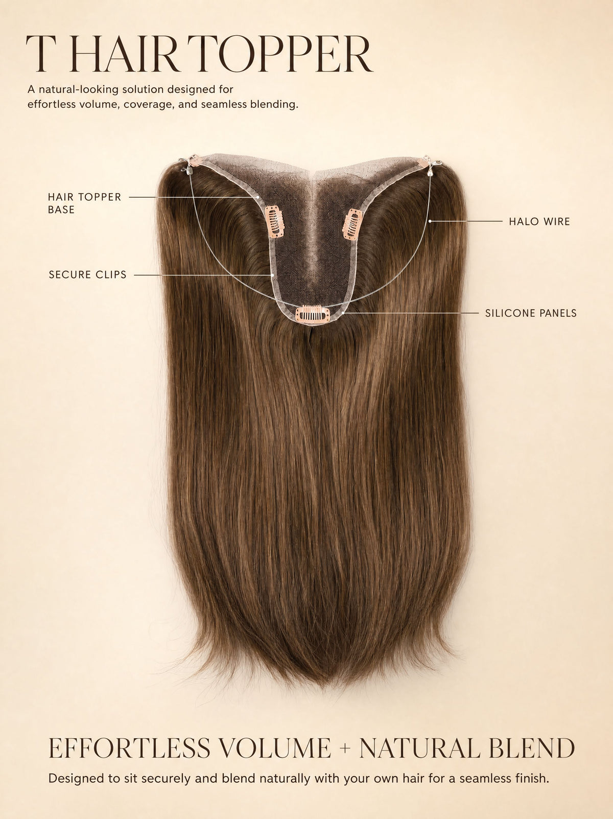 T Hair Topper hairpiece with halo wire and secure clips, long dark brown hair.