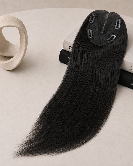 4.5"×5" Durable Lace Topper, shade 1B — close-up of the hair