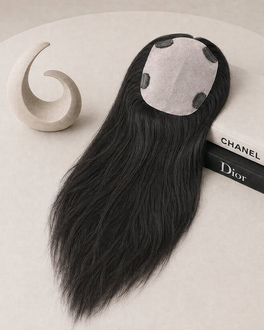 Black silk hair topper with gray polka-dot cap and long straight strands