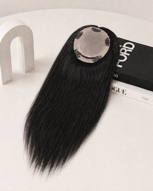 Silk hair topper with mono cap, long straight black hair with clear circular base