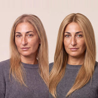 Light blonde hair topper worn by woman with long straight hair and natural part