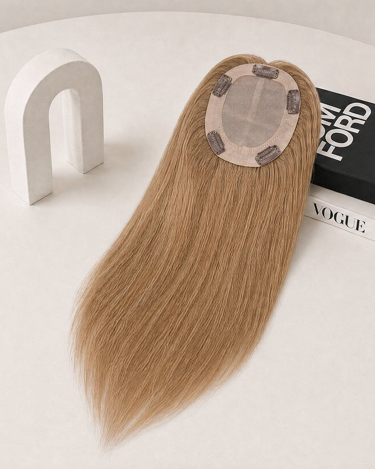 Long straight hair topper with oval mono cap, warm light brown hair