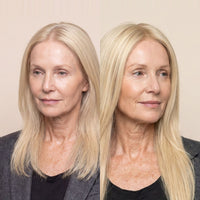 Light blonde hair topper with straight long hair and natural part on model