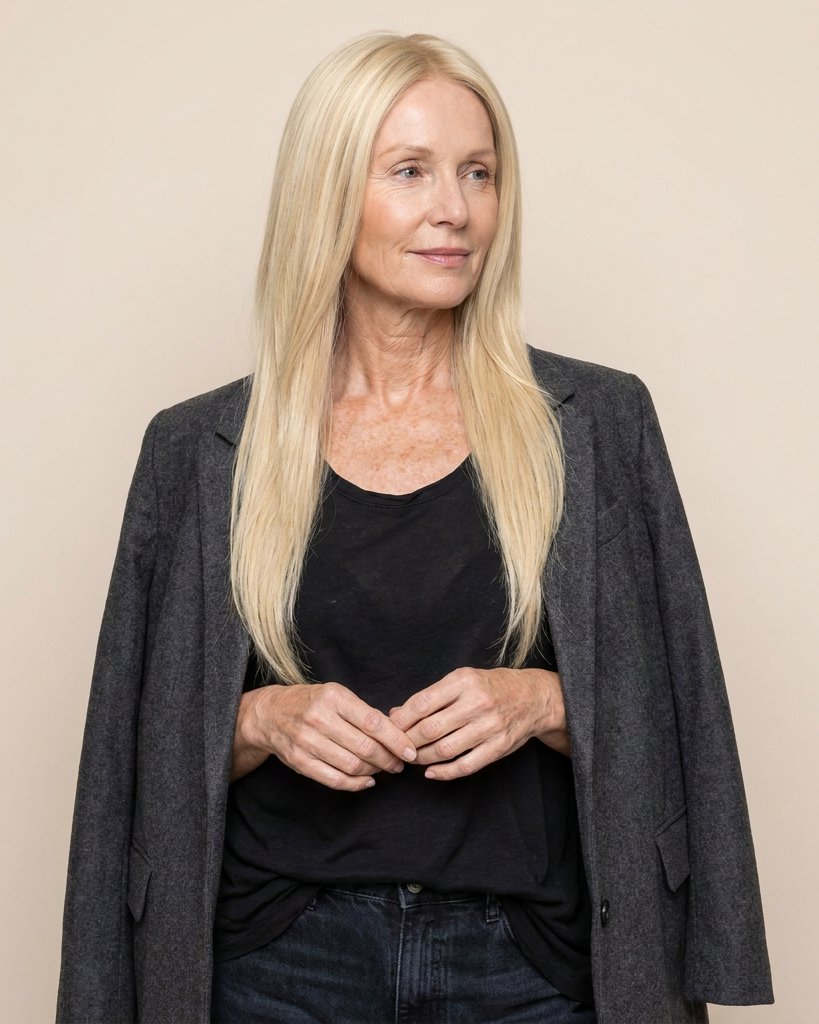 Light blonde hair topper with long straight hair over shoulders on model
