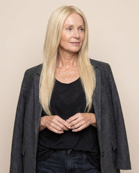 Light blonde hair topper with long straight hair over shoulders on model