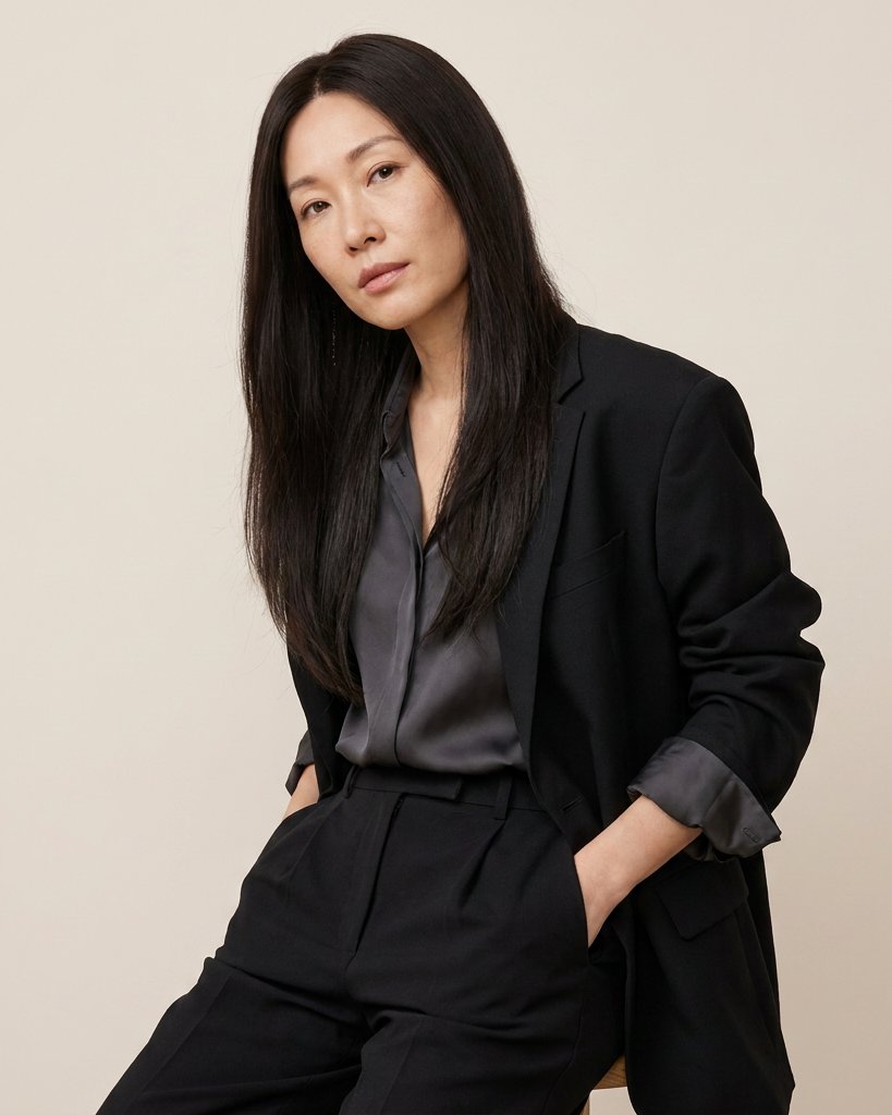 Silk-lace hair topper with long straight dark hair, side-parted