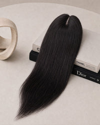 Silk-lace hair topper with long straight black hair and oval lace base with clips