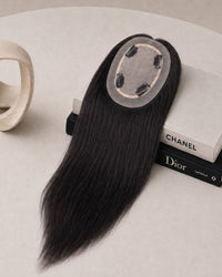Silk-lace hair topper with long straight dark hair and oval lace base with clips