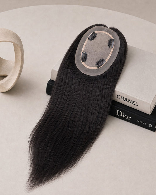 Silk-lace hair topper with long straight dark hair and oval lace base with clips
