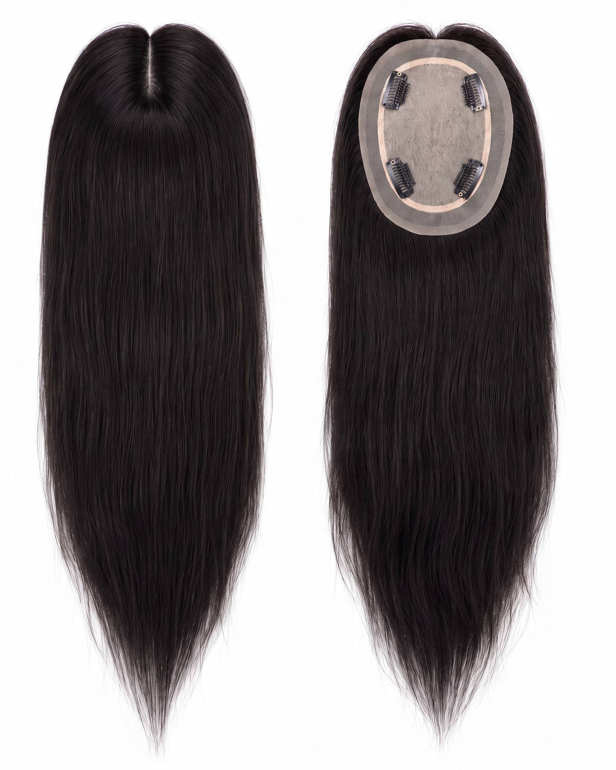 Silk-lace hair topper set with straight dark hair and oval lace caps