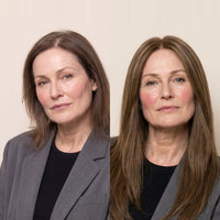 Silk-lace hair topper with long straight brown hair, center part