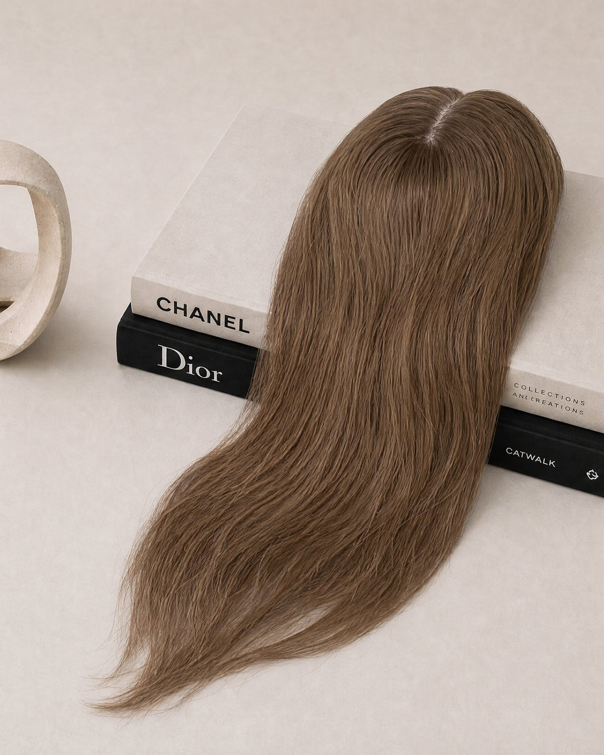 Silk-lace hair topper with long straight medium-brown hair and oval lace base