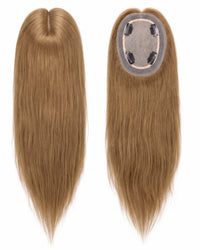 Two light blonde straight hair topper pieces with oval lace caps.