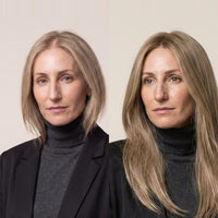 Light blonde and ash-blonde hair topper shades on model close-up