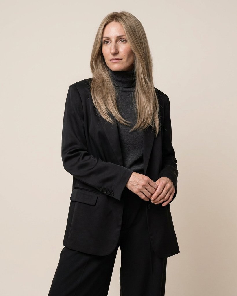Blonde hair topper with long straight hair, sleek style on model