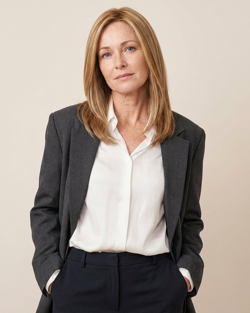Model wearing blonde hair topper over white blouse and dark blazer.