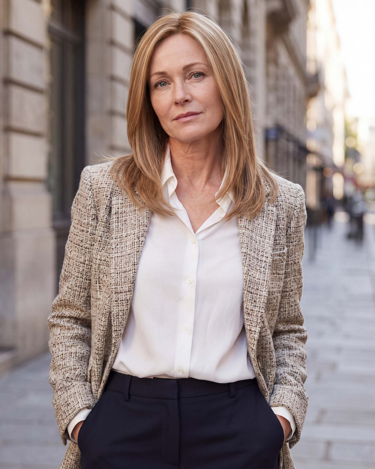 Model wearing long blonde hair topper with a side part and tweed blazer.