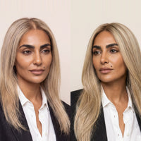 Silk lace hair topper with light blonde, long straight hair and side part