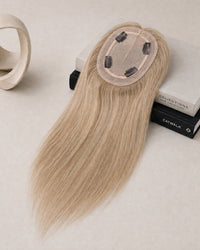 Silk lace hair topper with circular lace base and clips, light blonde long hair