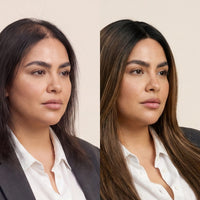 5x6 silk lace topper, long dark hair with natural side part on model close-up