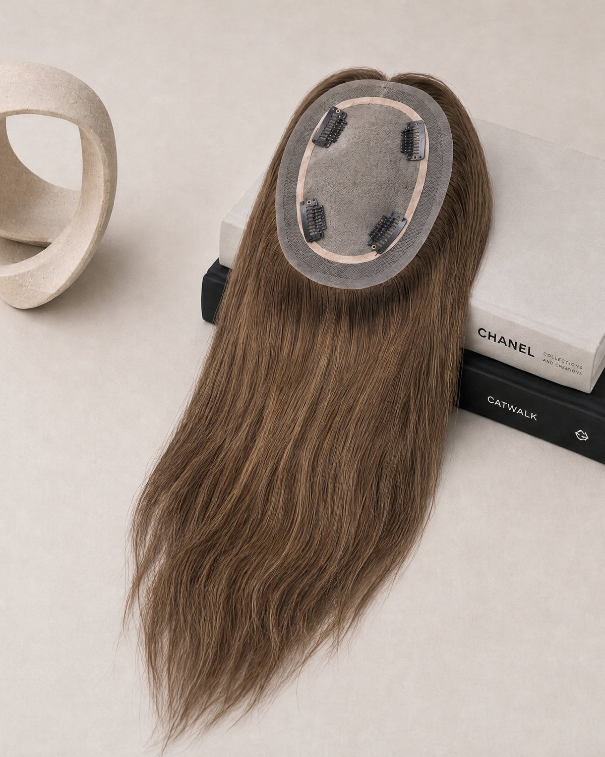 Silk lace topper base with light lace mesh and long straight hair extension piece