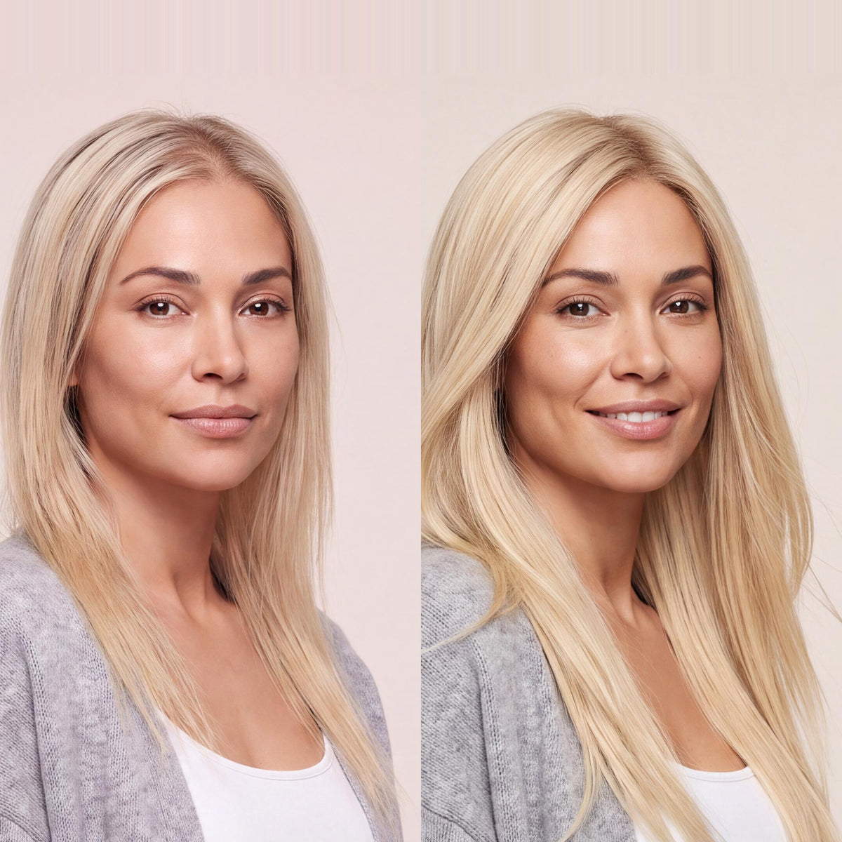 Blonde hair topper close-up, straight strands with center part