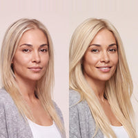 Blonde hair topper close-up, straight strands with center part