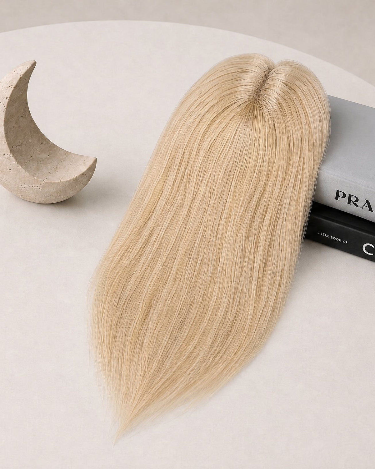 Silicone skin hair topper, straight platinum blonde hair, adhesive pad on top