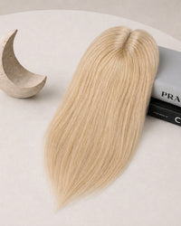 Silicone skin hair topper, straight platinum blonde hair, adhesive pad on top
