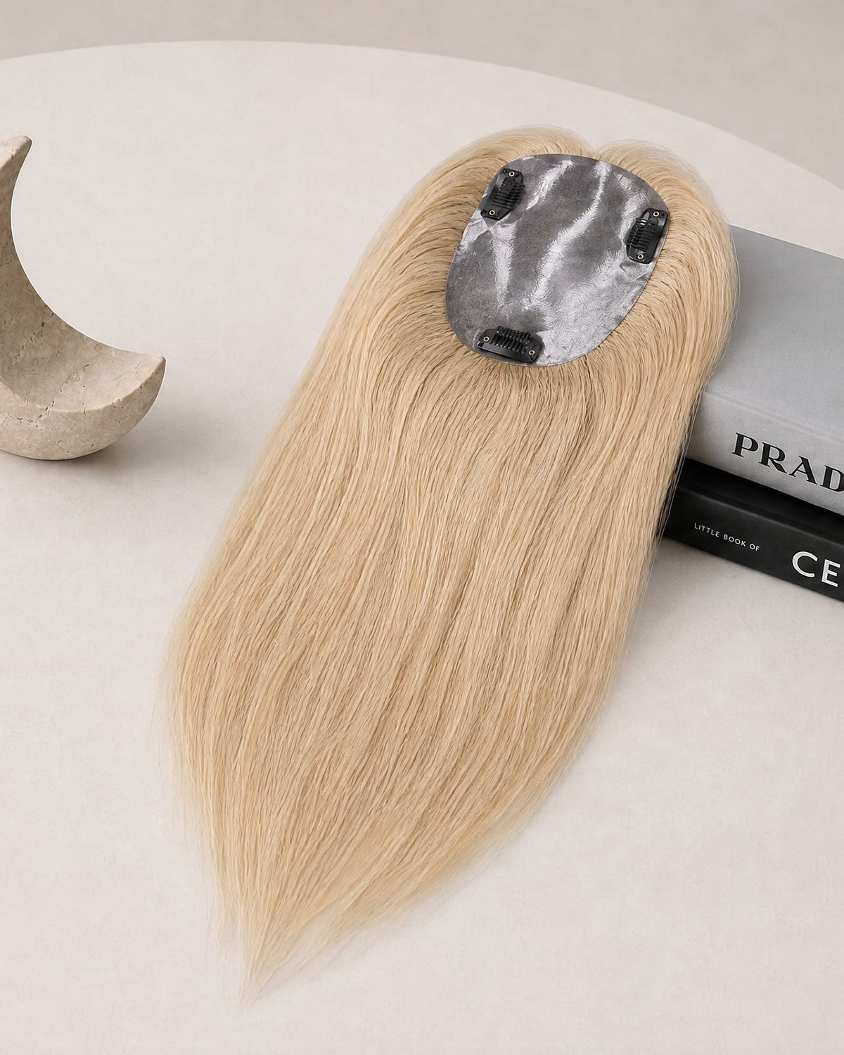 Silicone skin hair topper, straight blonde hair, adhesive pad on top