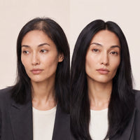 Dark hair topper close-up, straight strands with center part