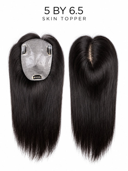 Silicone skin hair topper (5x6.5) with dark straight hair and vented base.