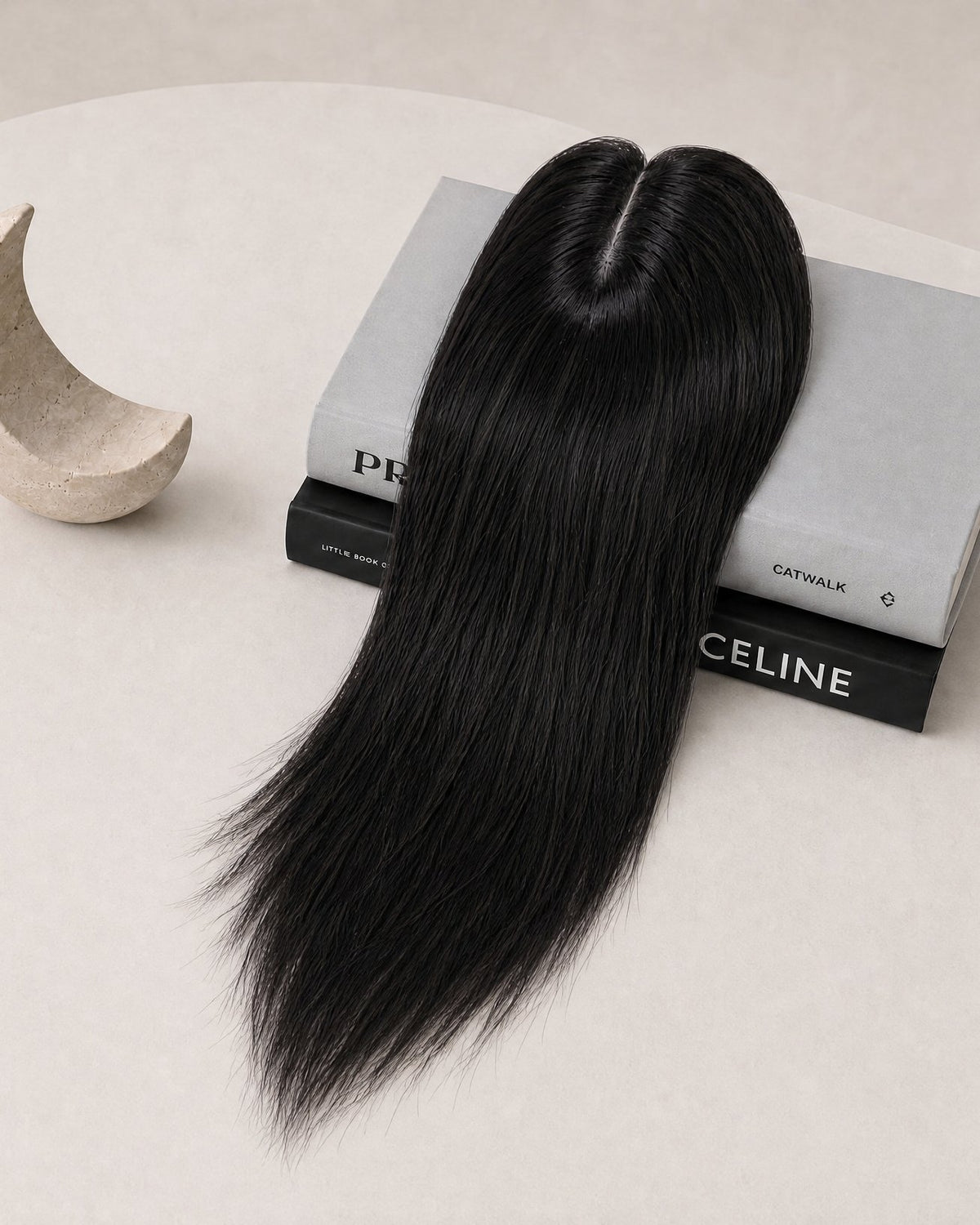 Silicone skin hair topper, straight black hair, adhesive pad on top