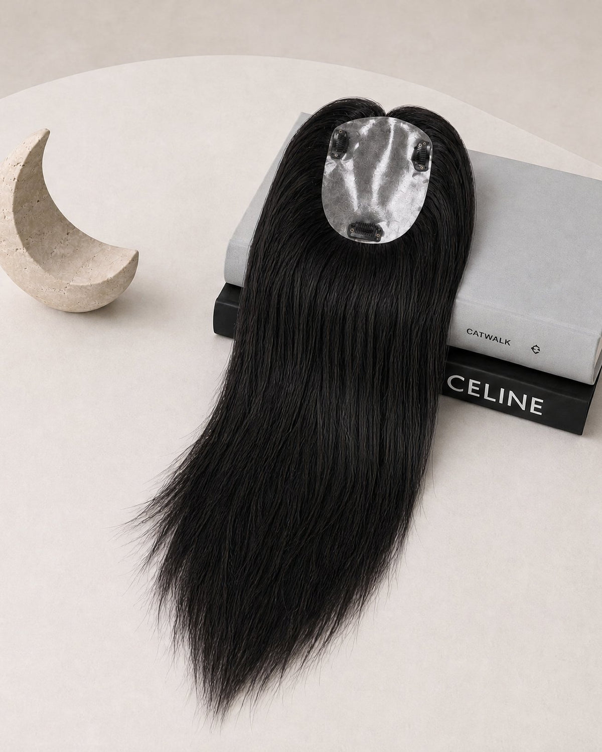 Silicone skin hair topper, straight black hair, adhesive pad on top