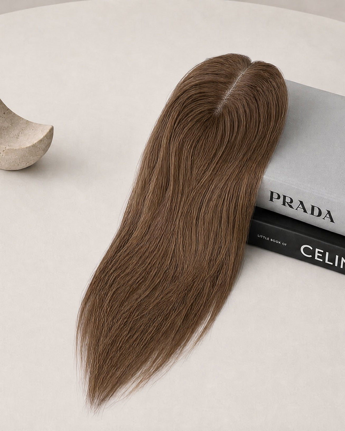 Silicone skin hair topper, straight medium brown hair, adhesive pad on top