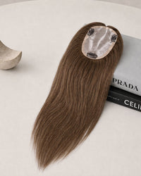 Silicone skin hair topper, straight dark brown hair, adhesive pad on top