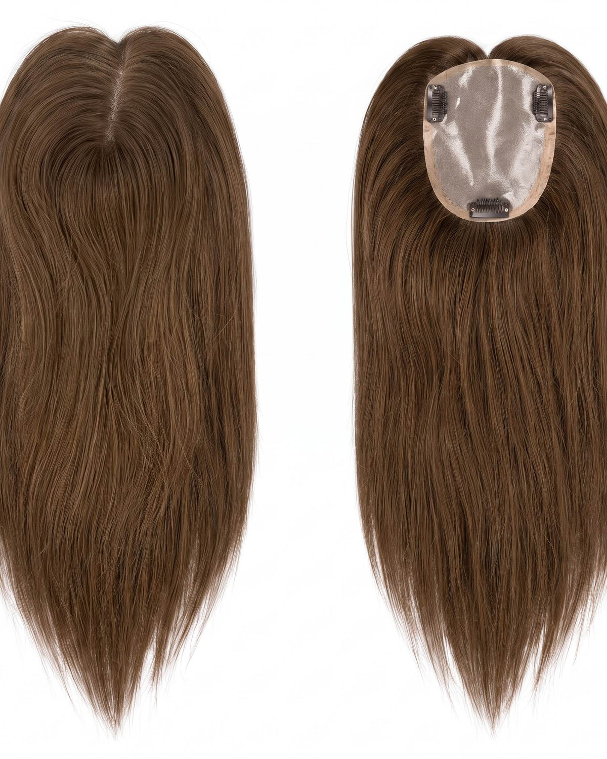 Brown hair topper pair, showing skin patch and securing clip
