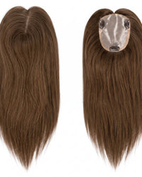 Brown hair topper pair, showing skin patch and securing clip
