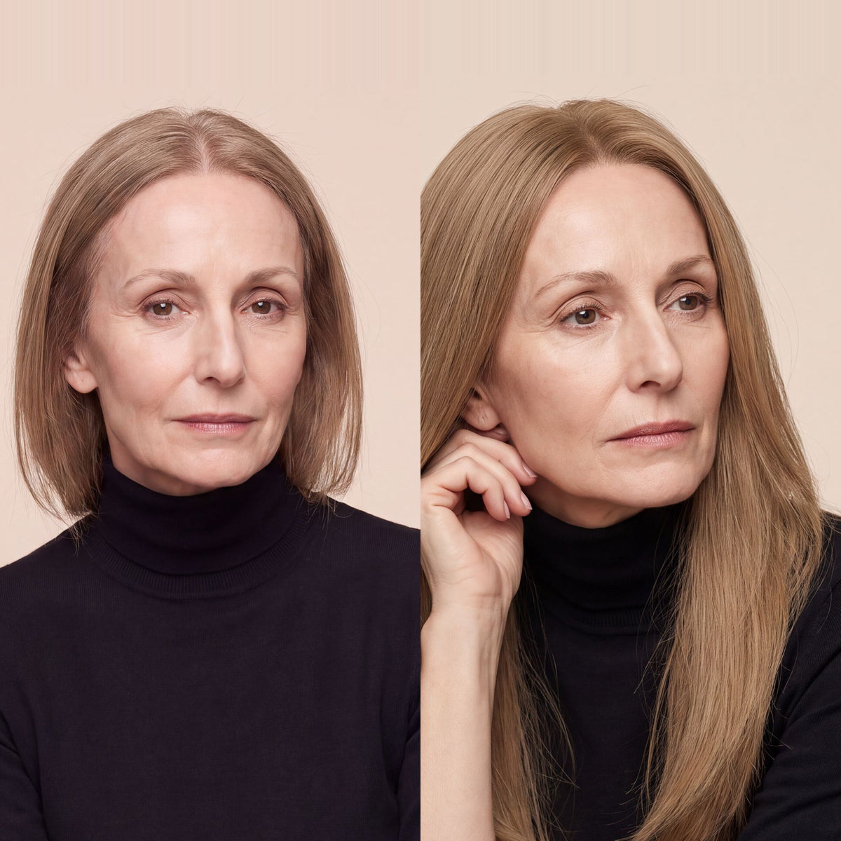 Silicone skin topper with long straight hair, center part, light brown tone.