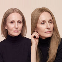Silicone skin topper with long straight hair, center part, light brown tone.